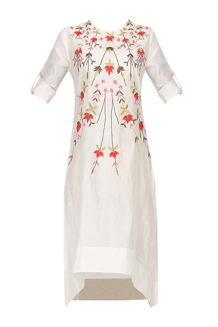 Off White Thread Embroidered Asymmetric Kurta by Samant Chauhan