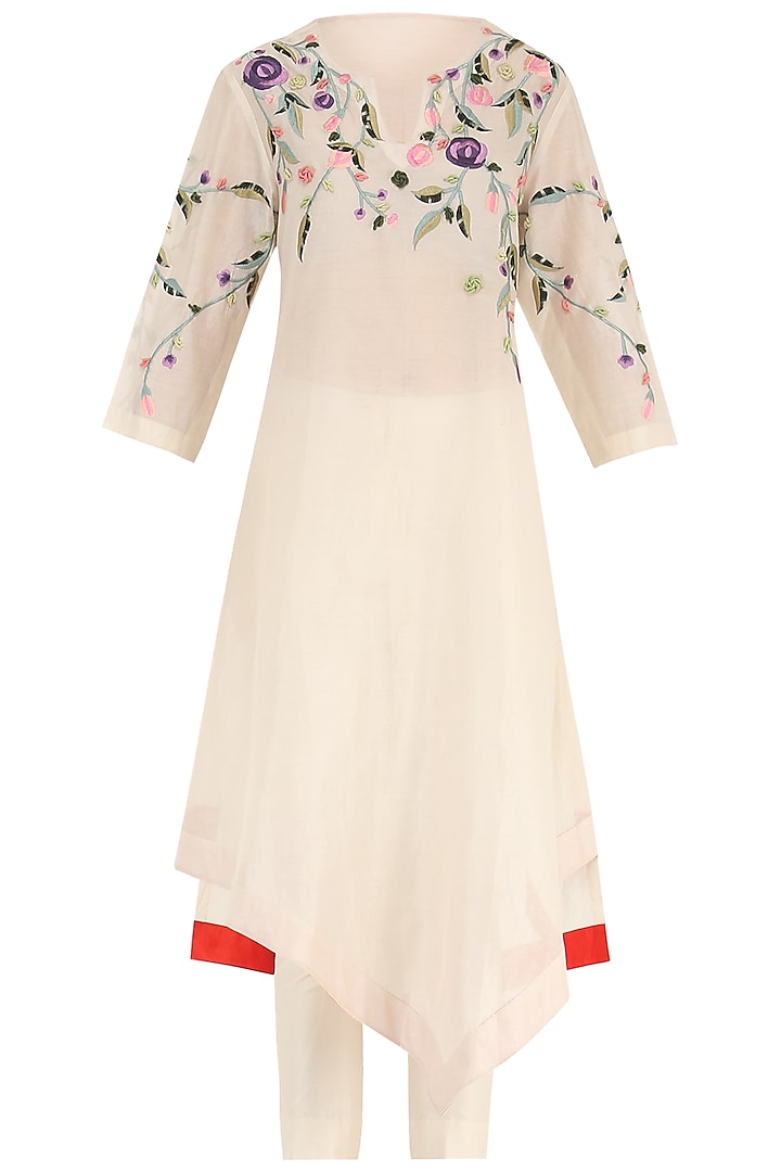 Off White Embroidered Asymmetrical Kurta with Churidar Pants by Samant Chauhan