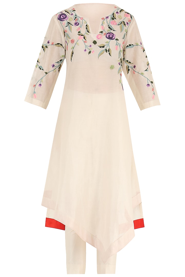 Off White Embroidered Asymmetrical Kurta with Churidar Pants available only at Pernia's Pop Up Shop.