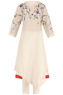 Off White Embroidered Asymmetrical Kurta with Churidar Pants available ...