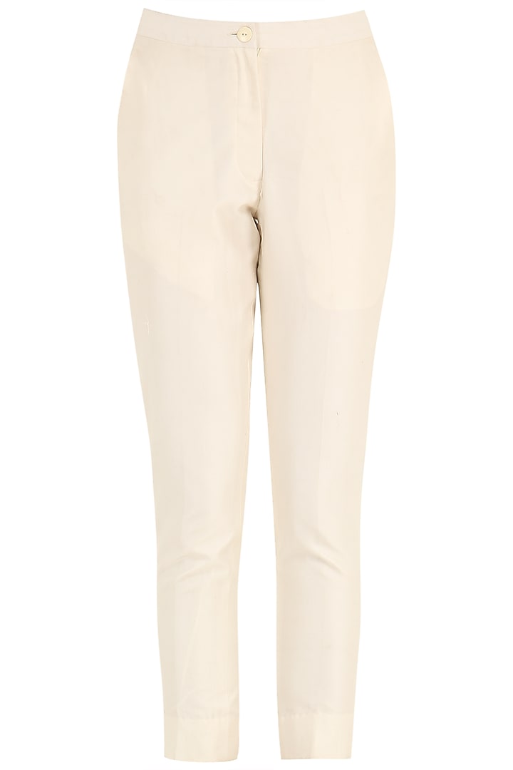 Off White Embroidered Asymmetrical Kurta with Churidar Pants available only at Pernia's Pop Up Shop.