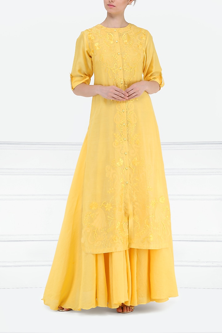 Yellow embroidered layered kurta available only at Pernia's Pop Up Shop.