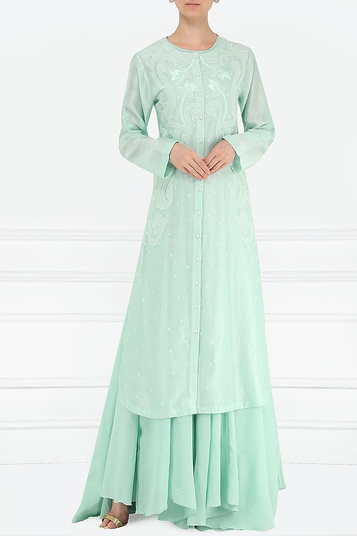 Turquoise embroidered layered kurta available only at Pernia's Pop Up Shop.