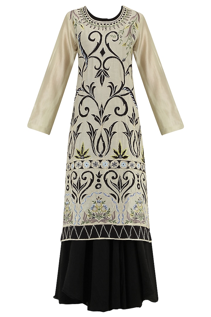Grey And Black Multi-Colour Thread Embroidered Layered Kurta by Samant Chauhan