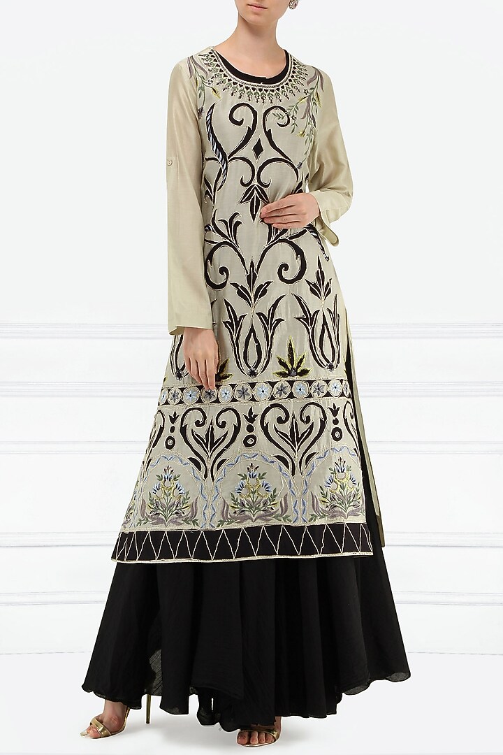 Grey and black multi-colour thread embroidered layered kurta available only at Pernia's Pop Up Shop.