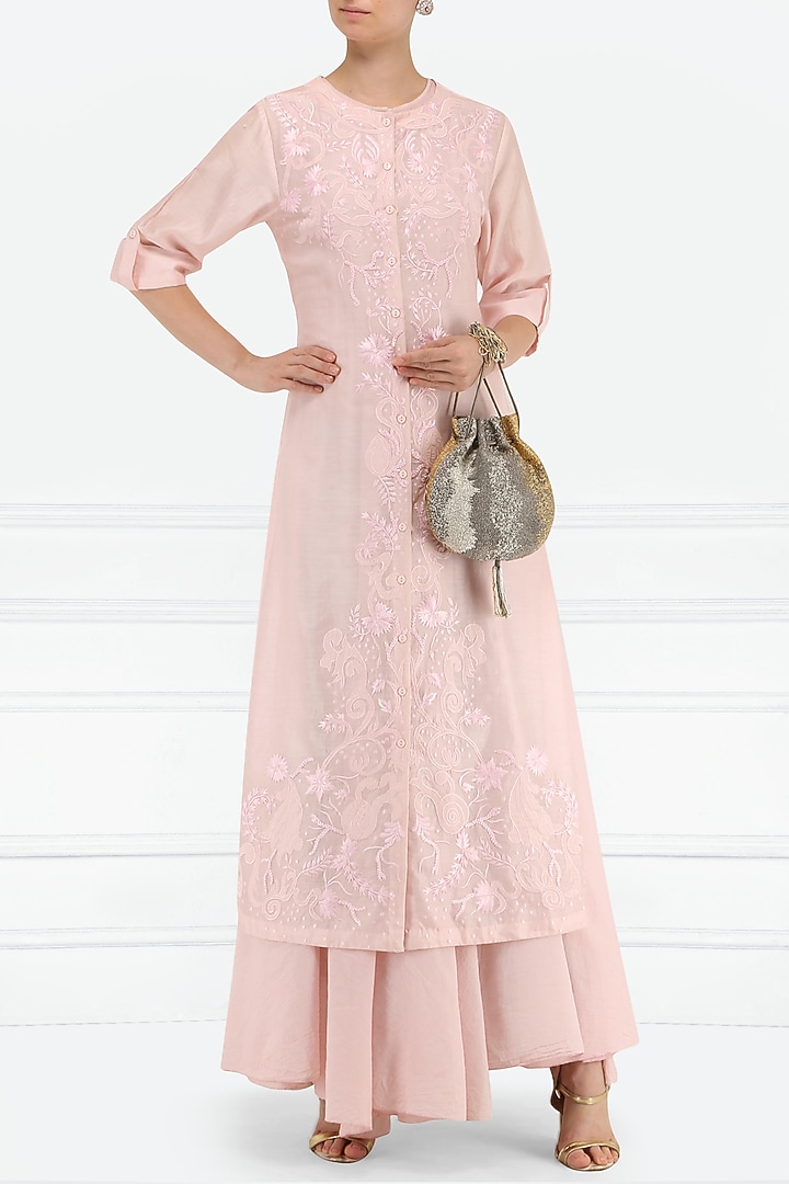 Pastel pink embroidered layered kurta available only at Pernia's Pop Up Shop.