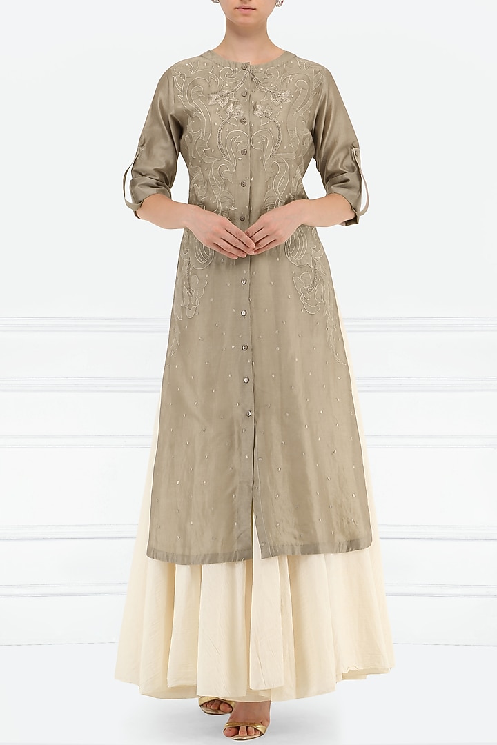 Grey and white thread embroidered layered kurta available only at Pernia's Pop Up Shop.