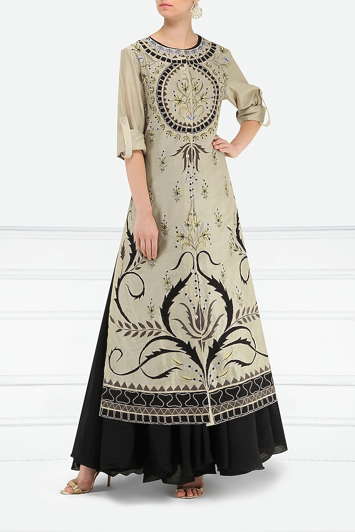 Black and grey multi-colour thread embroidered layered kurta available only at Pernia's Pop Up Shop.