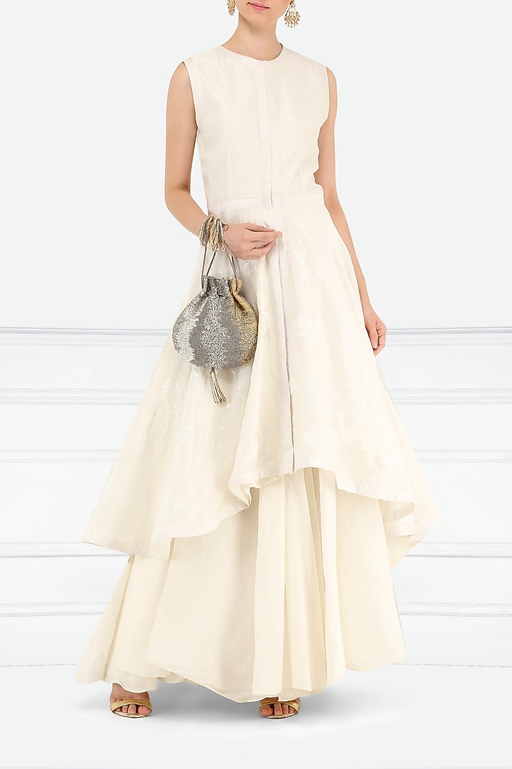 Off white asymmetrical embroidered layered kurta available only at Pernia's Pop Up Shop.
