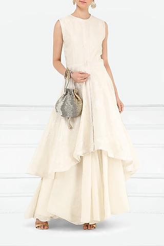 Off White Asymmetrical Embroidered Layered Kurta by samant chauhan