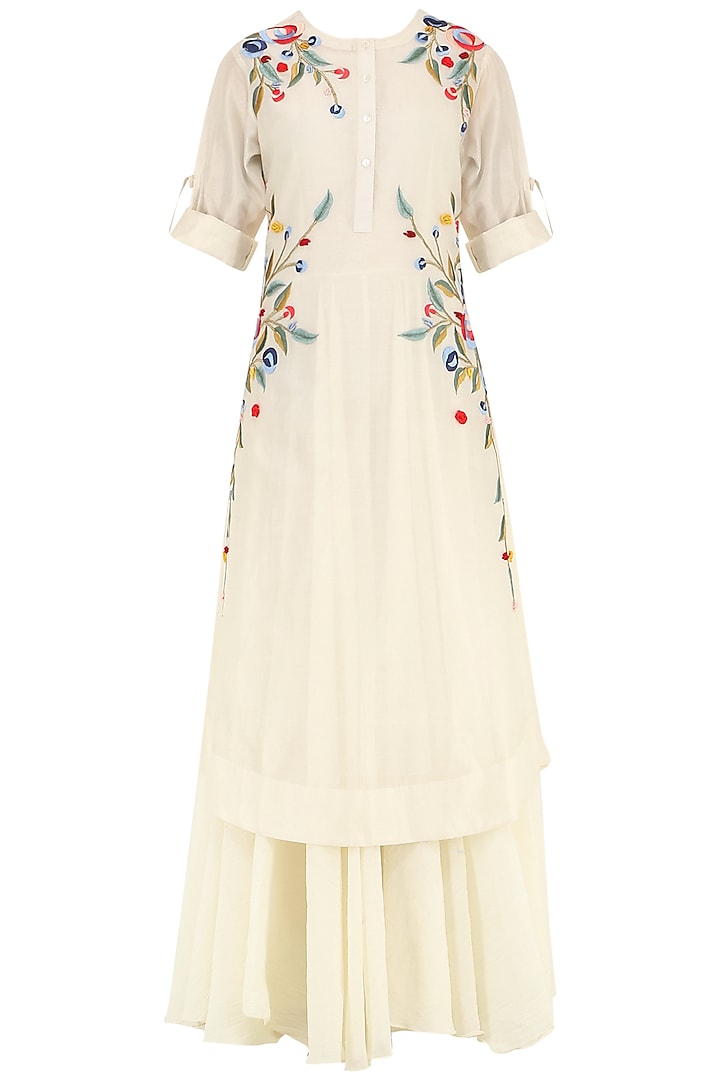 Off White Multi-Colour Floral Embroidered Layered Kurta by Samant Chauhan