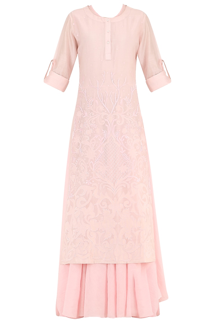 Pastel pink thread embroidered layered kurta available only at Pernia's Pop Up Shop.