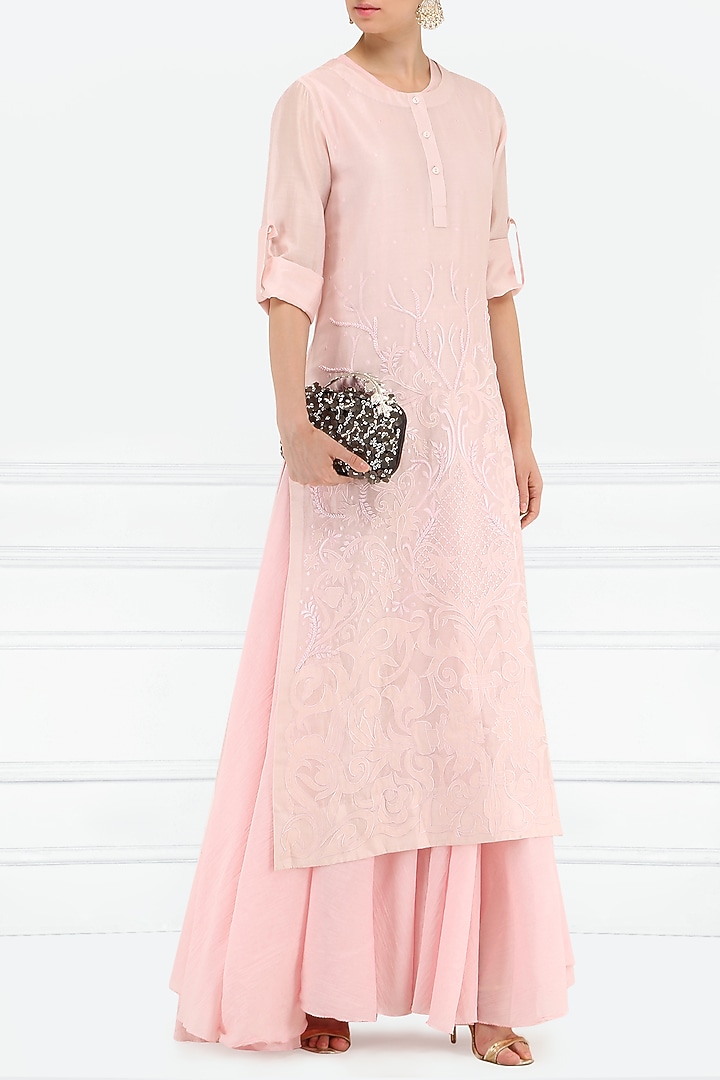 Pastel pink thread embroidered layered kurta available only at Pernia's Pop Up Shop.
