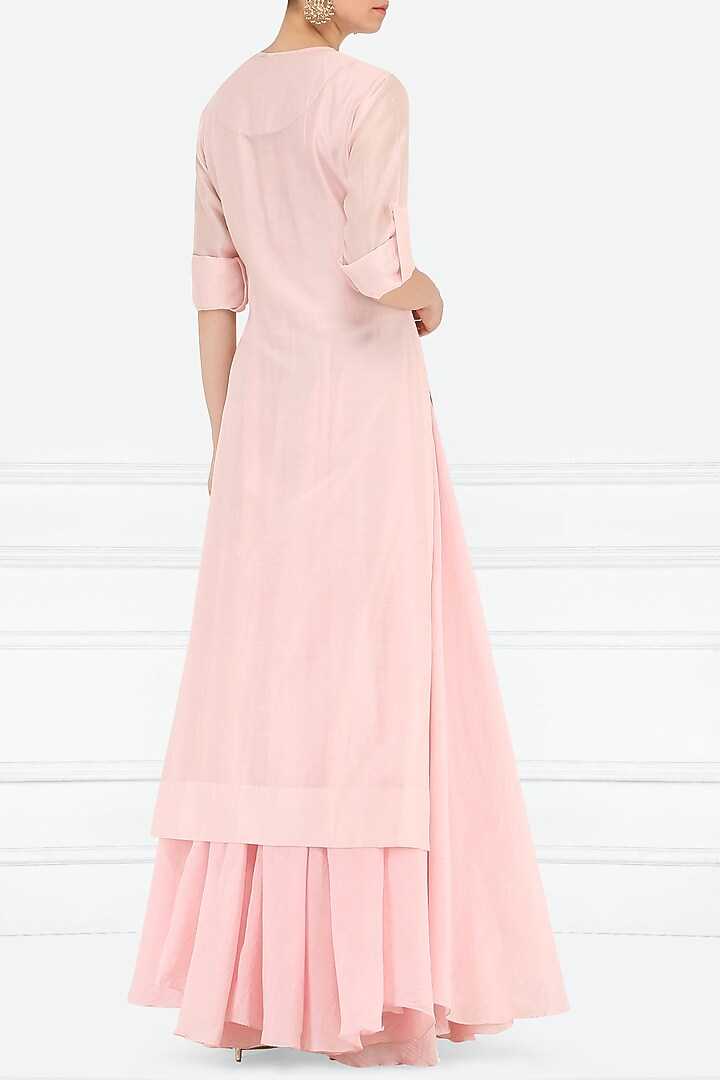 Pastel pink thread embroidered layered kurta available only at Pernia's Pop Up Shop.