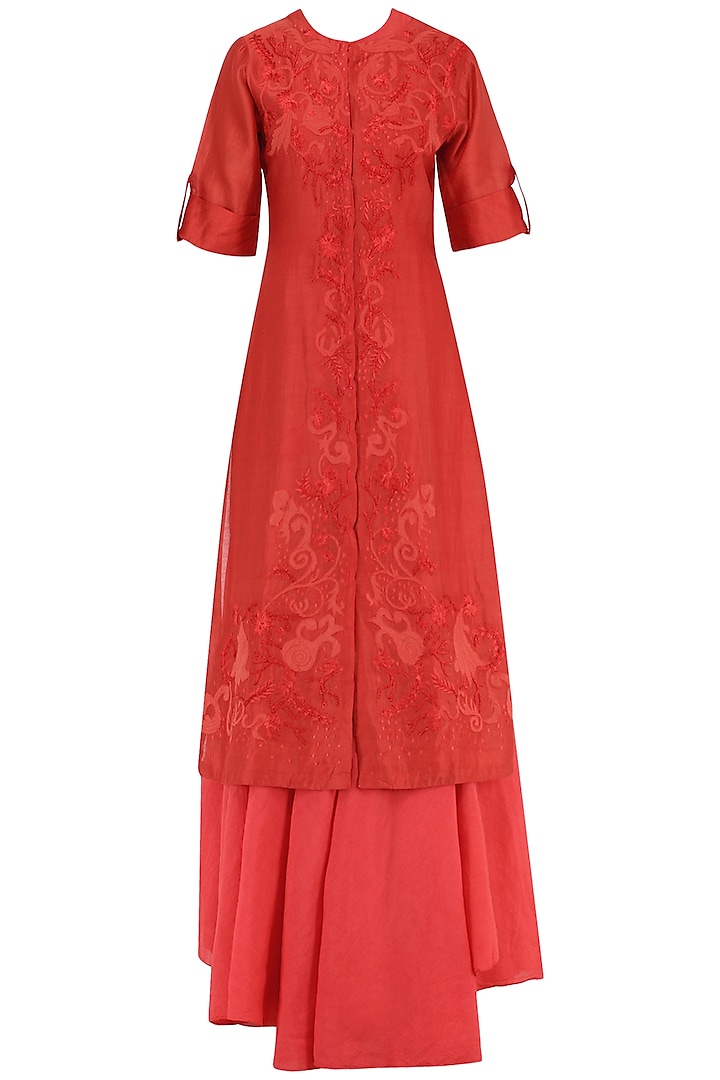Red Embroidered Layered Kurta by Samant Chauhan
