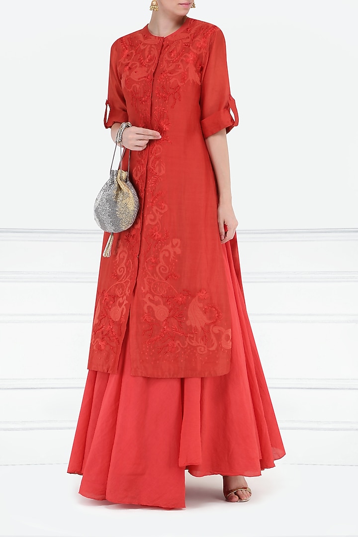 Red embroidered layered kurta available only at Pernia's Pop Up Shop.