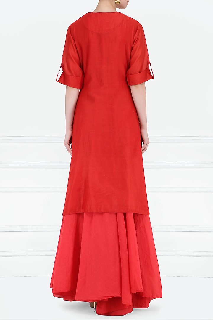 Red embroidered layered kurta available only at Pernia's Pop Up Shop.