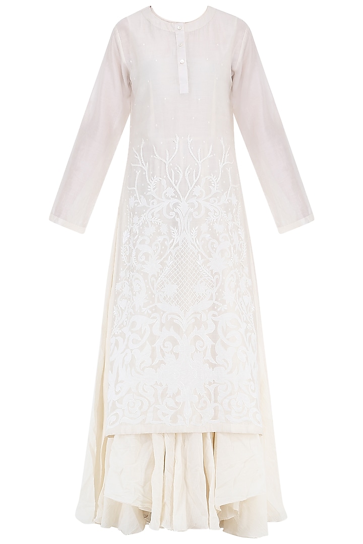 Off White Thread Embroidered Layered Kurta by Samant Chauhan