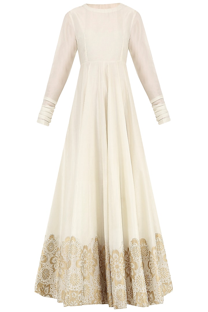 Off White And Gold Block Printed Gown by Samant Chauhan
