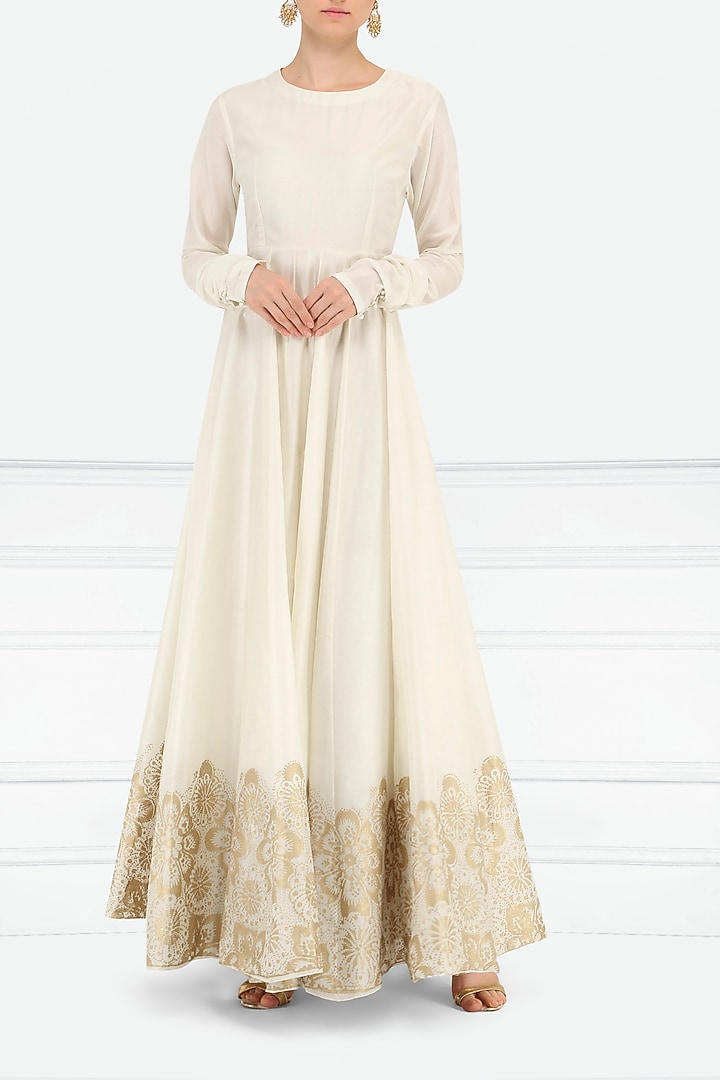 Off white and gold block printed gown available only at Pernia's Pop Up Shop.
