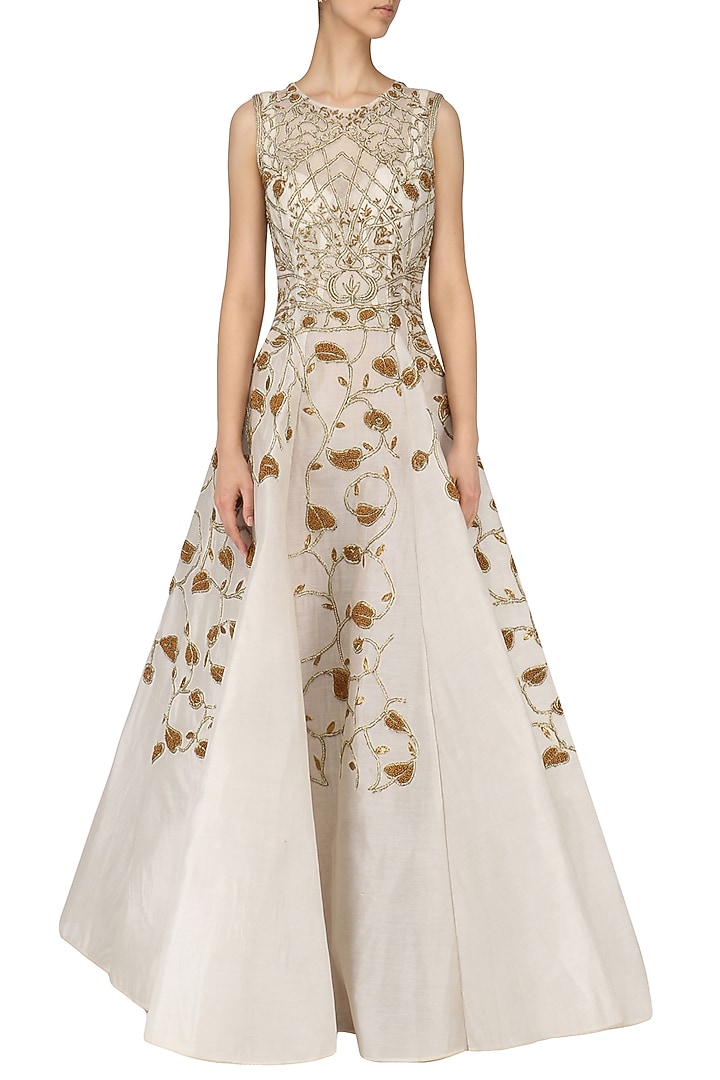 Off white gold zari embroidered gown available only at Pernia's Pop Up Shop.