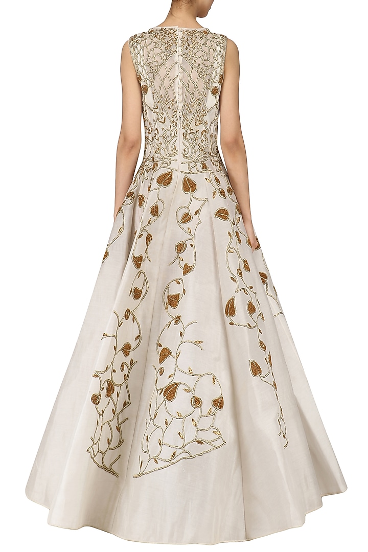 Off white gold zari embroidered gown available only at Pernia's Pop Up Shop.