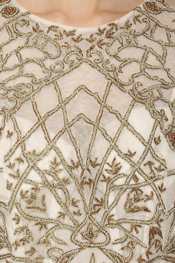 Off white gold zari embroidered gown available only at Pernia's Pop Up Shop.