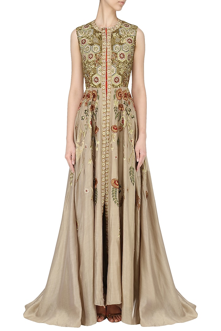 Beige embroidered anarkali available only at Pernia's Pop Up Shop.