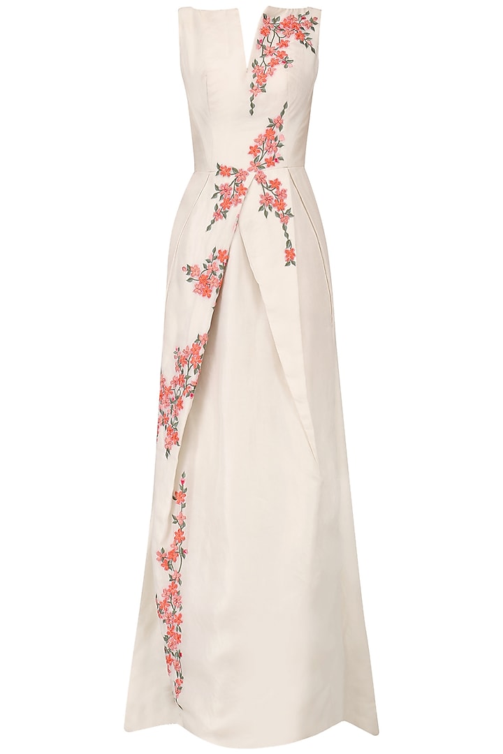 Off White Embroidered Drape Gown by Samant Chauhan