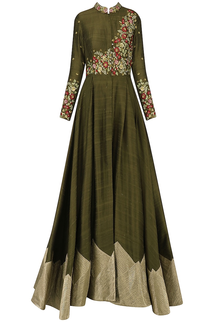 Brown Floral Embroidered Gown by Samant Chauhan