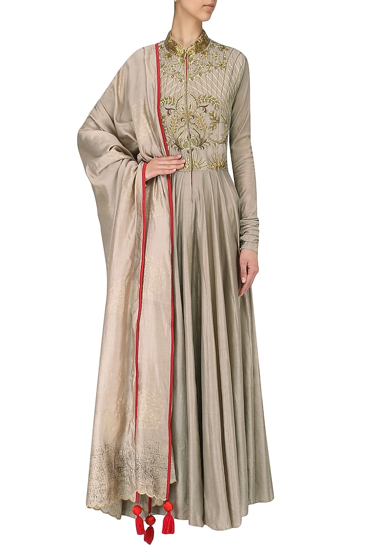 Beige embroidered anarkali set available only at Pernia's Pop Up Shop.