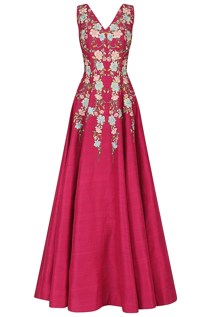 Pink Floral Thread Work Gown by Samant Chauhan