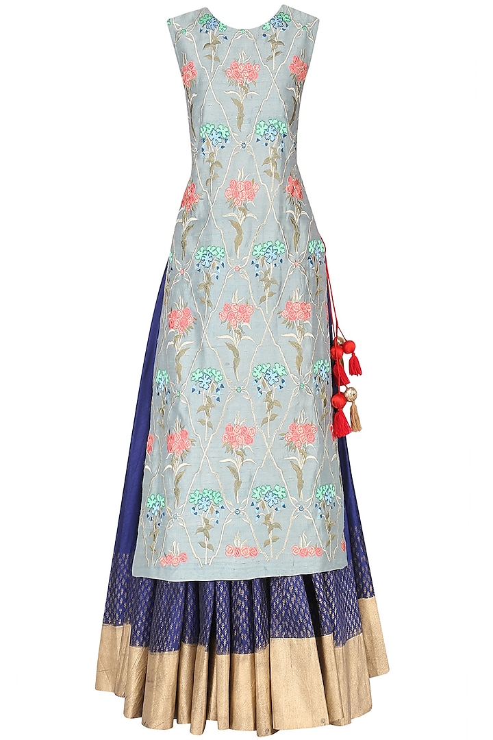Grey Embroidered Kurta with Blue Skirt Set by Samant Chauhan