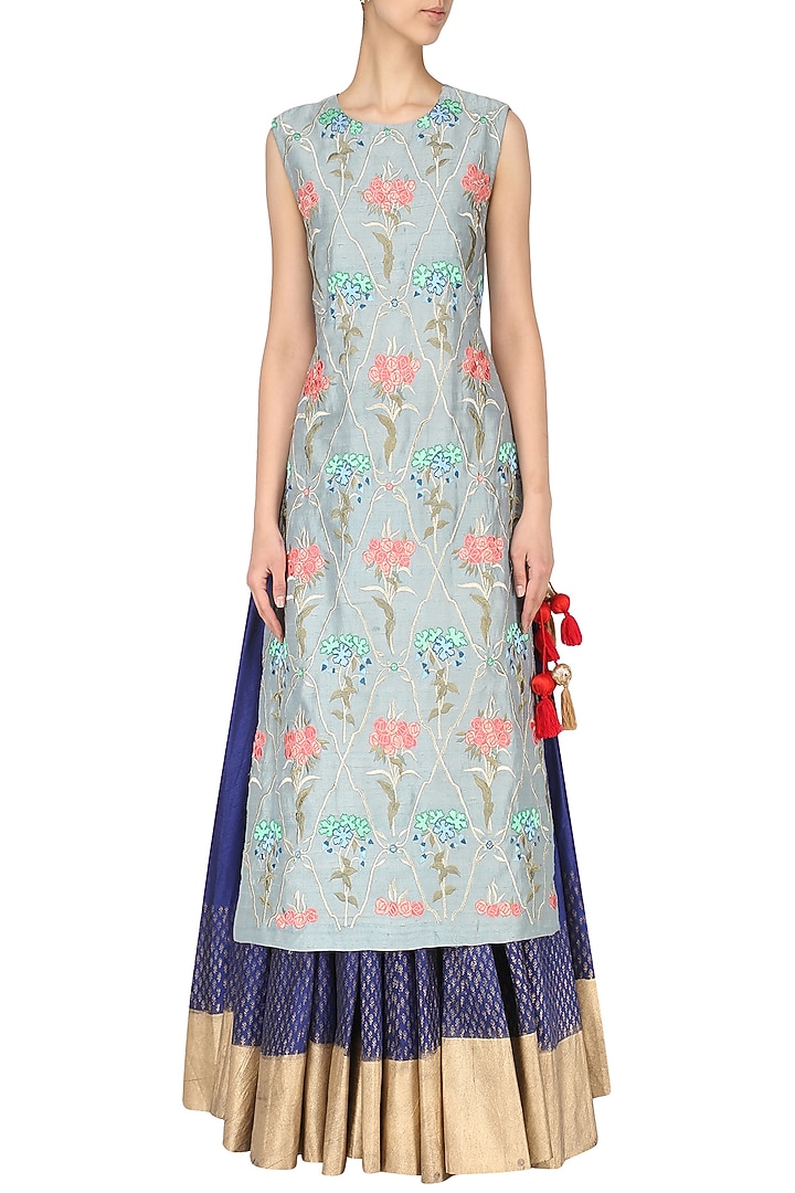 Grey embroidered kurta with blue skirt set available only at Pernia's Pop Up Shop.