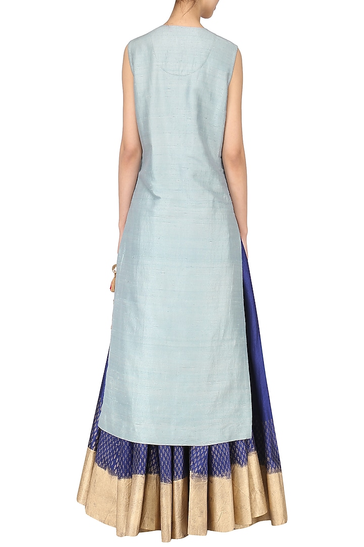 Grey embroidered kurta with blue skirt set available only at Pernia's Pop Up Shop.