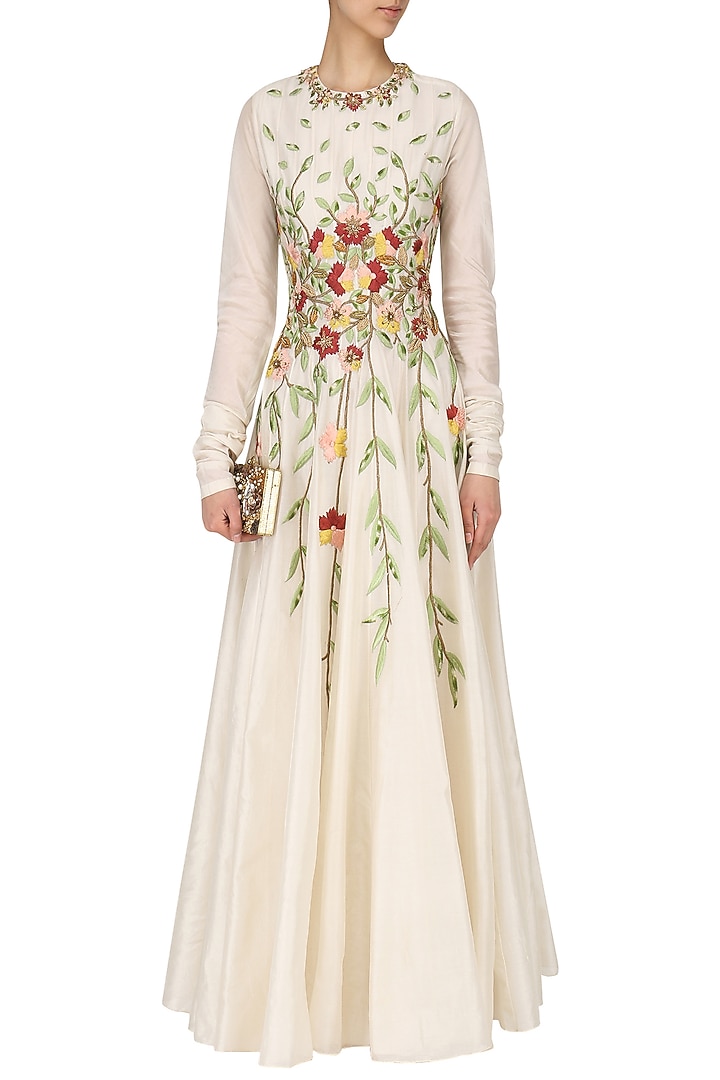 Off white embroidered anarkali available only at Pernia's Pop Up Shop.
