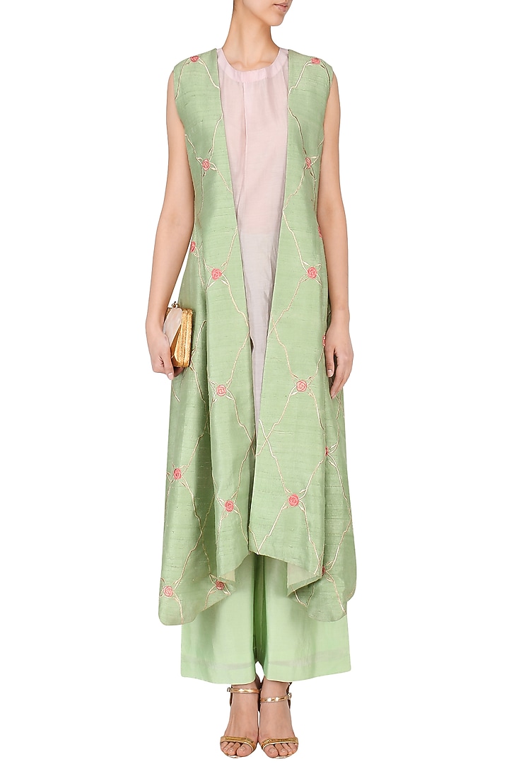 Mint green embroidered jacket with inner and palazzo pants set available only at Pernia's Pop Up Shop.