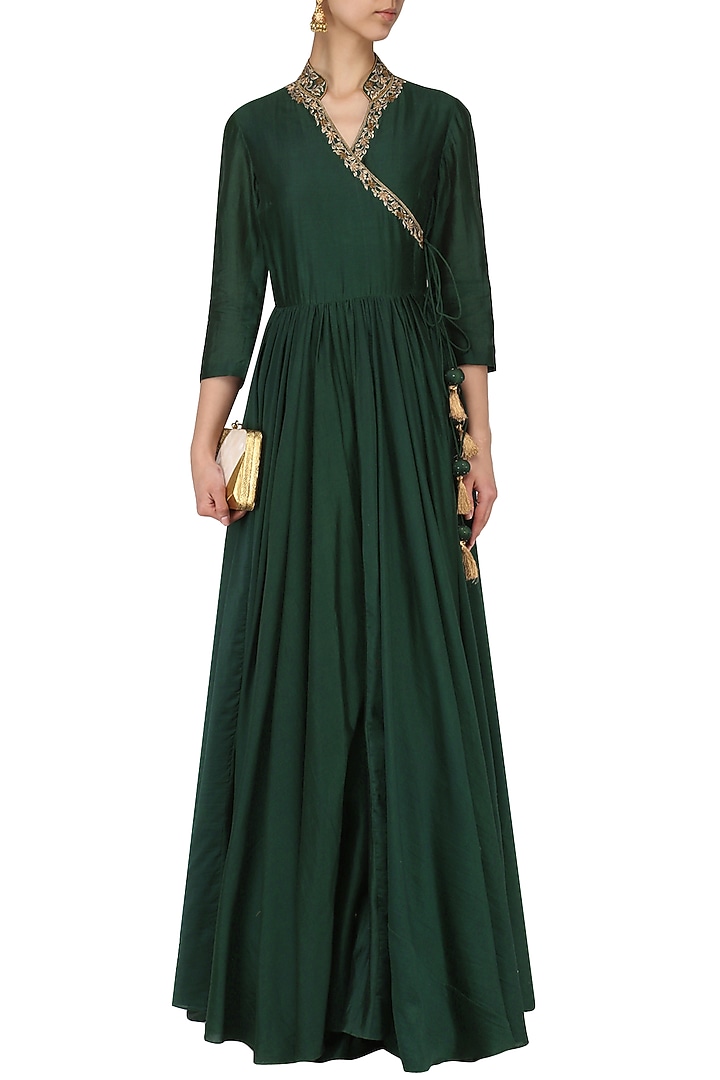 Green embroidered angrakha anarkali available only at Pernia's Pop Up Shop.