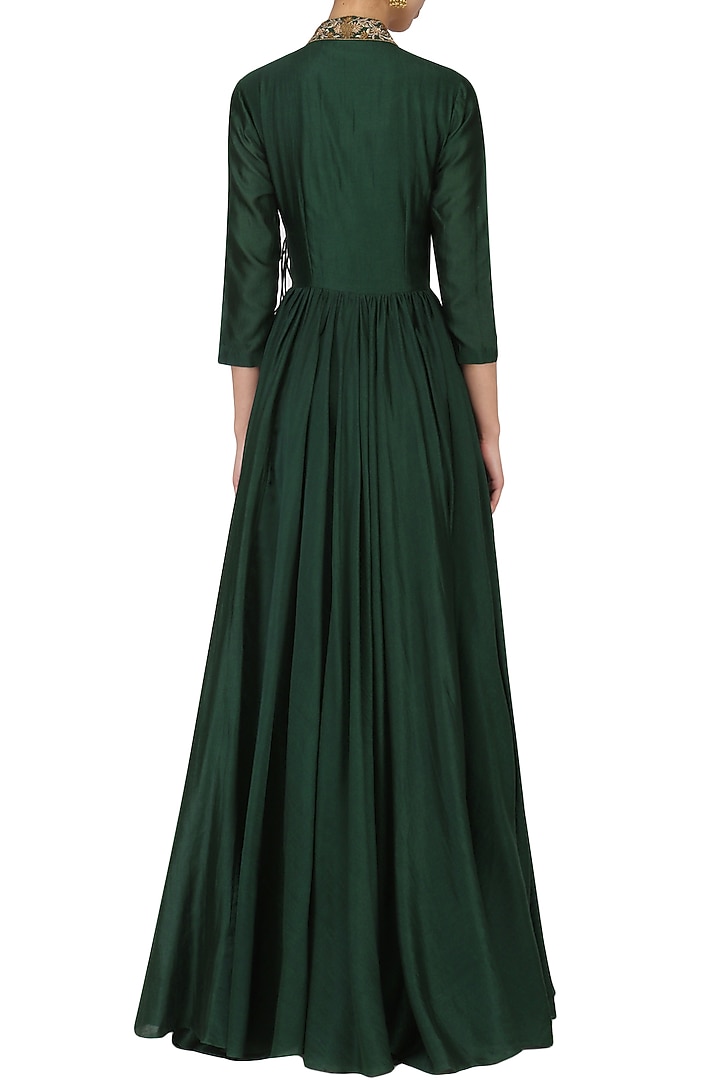 Green embroidered angrakha anarkali available only at Pernia's Pop Up Shop.