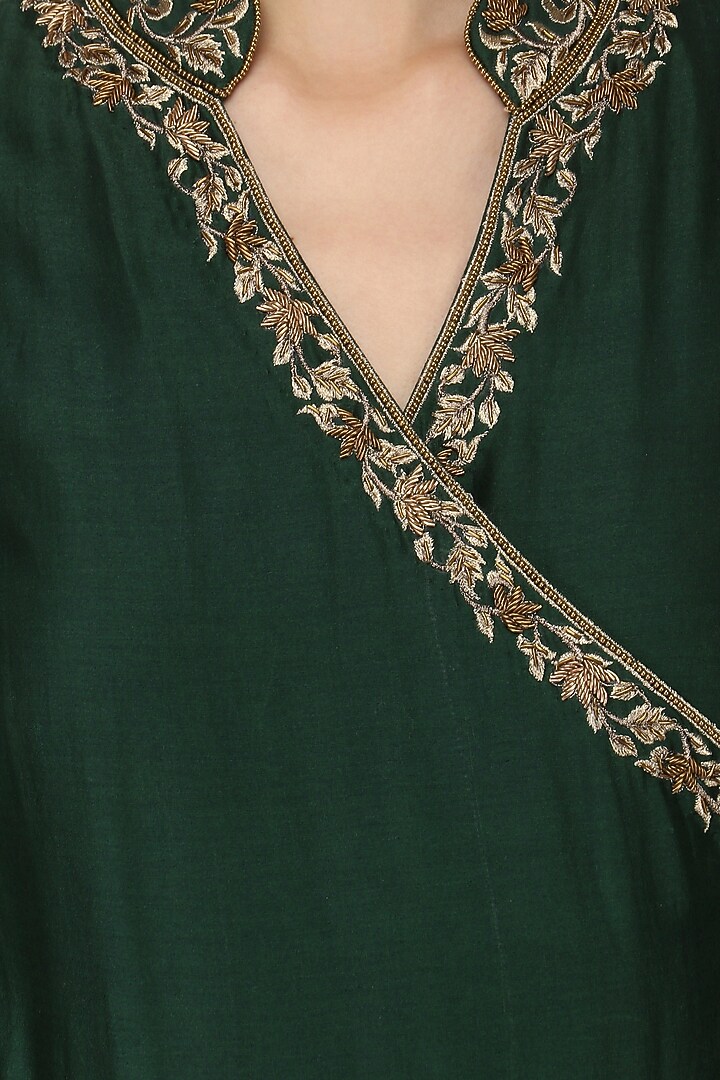 Green embroidered angrakha anarkali available only at Pernia's Pop Up Shop.