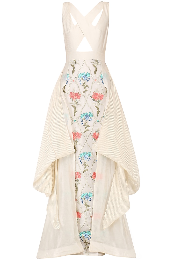 Off White Embroidered Drape Gown by Samant Chauhan