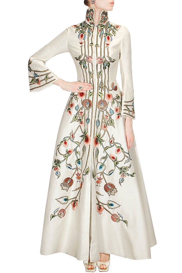 Ivory embroidered front open gown available only at Pernia's Pop Up Shop.