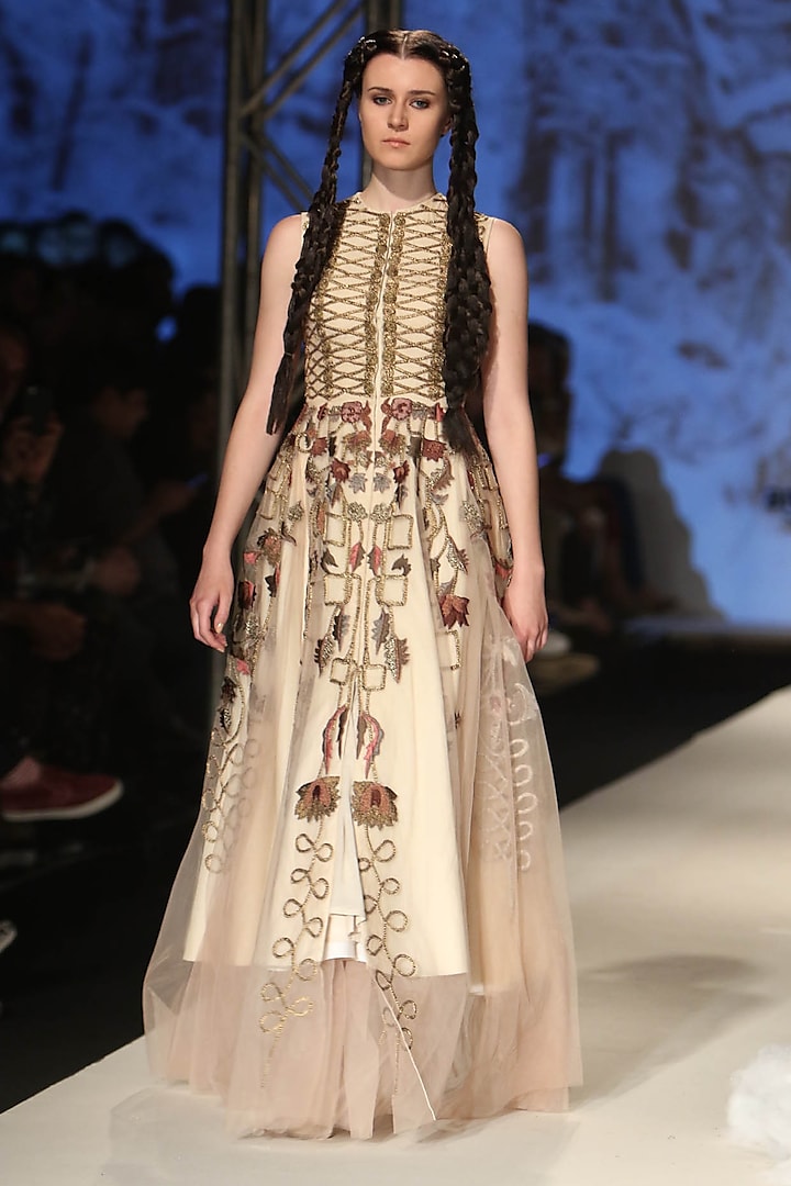 Beige Zari Jaal Layered Gown by Samant Chauhan