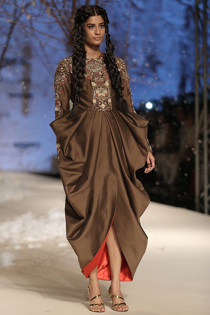 Brown Silk Thread and Dabka Embroidered Cowl Drape Dress by Samant Chauhan