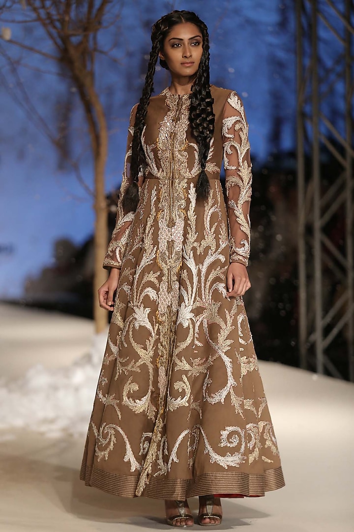 Light Brown Zari and Dori Work Front Open Gown by Samant Chauhan
