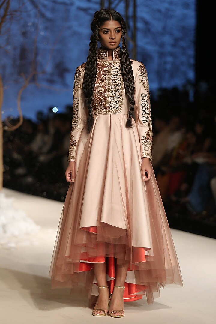 Beige Dori and Zari Embroidered Layered Asymmetric Dress by Samant Chauhan