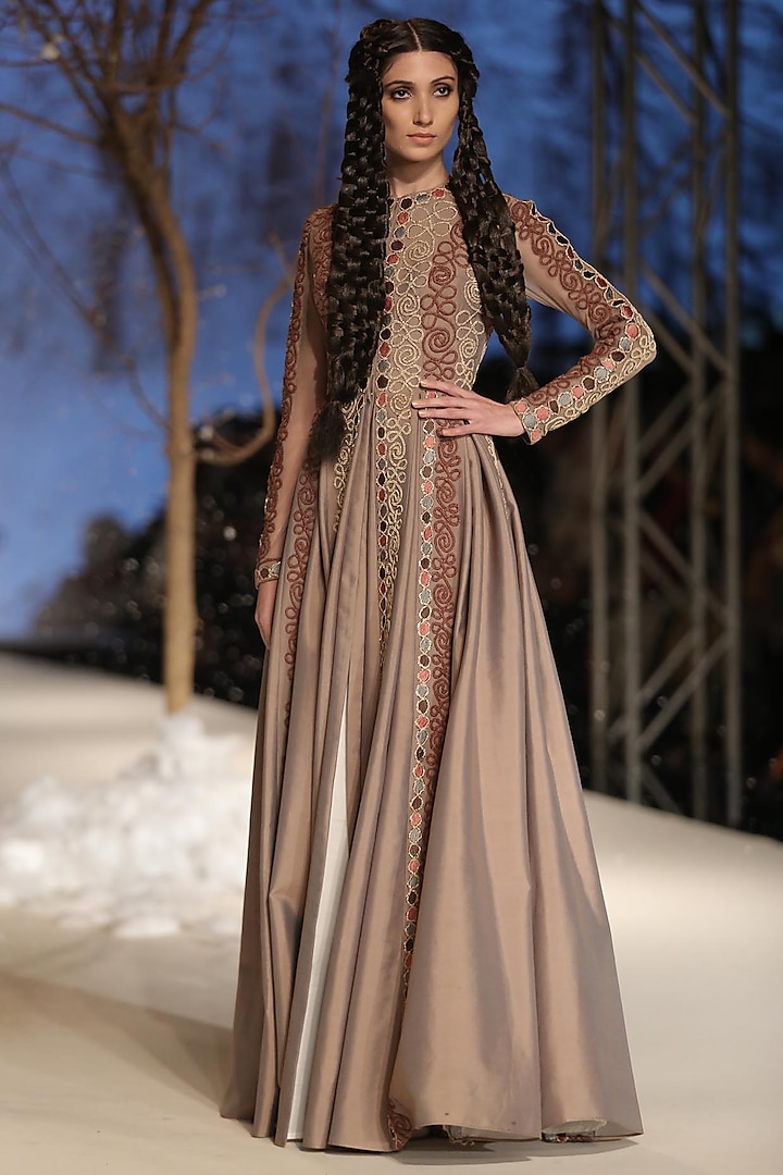 Dark Grey Zari and Dori Embroidered Front Panel Front Open Gown by Samant Chauhan