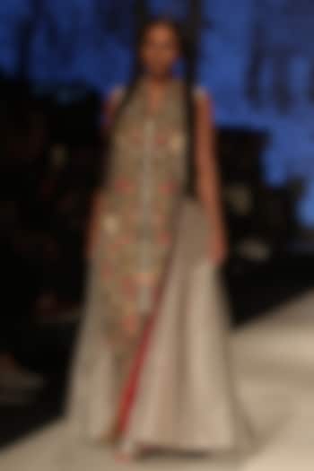 Ivory Thread and Dabka Embroidered Panel Long Dress by Samant Chauhan