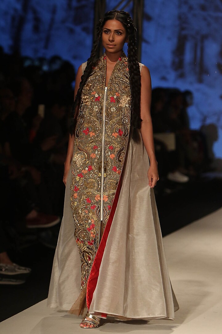 Ivory Thread and Dabka Embroidered Panel Long Dress by Samant Chauhan