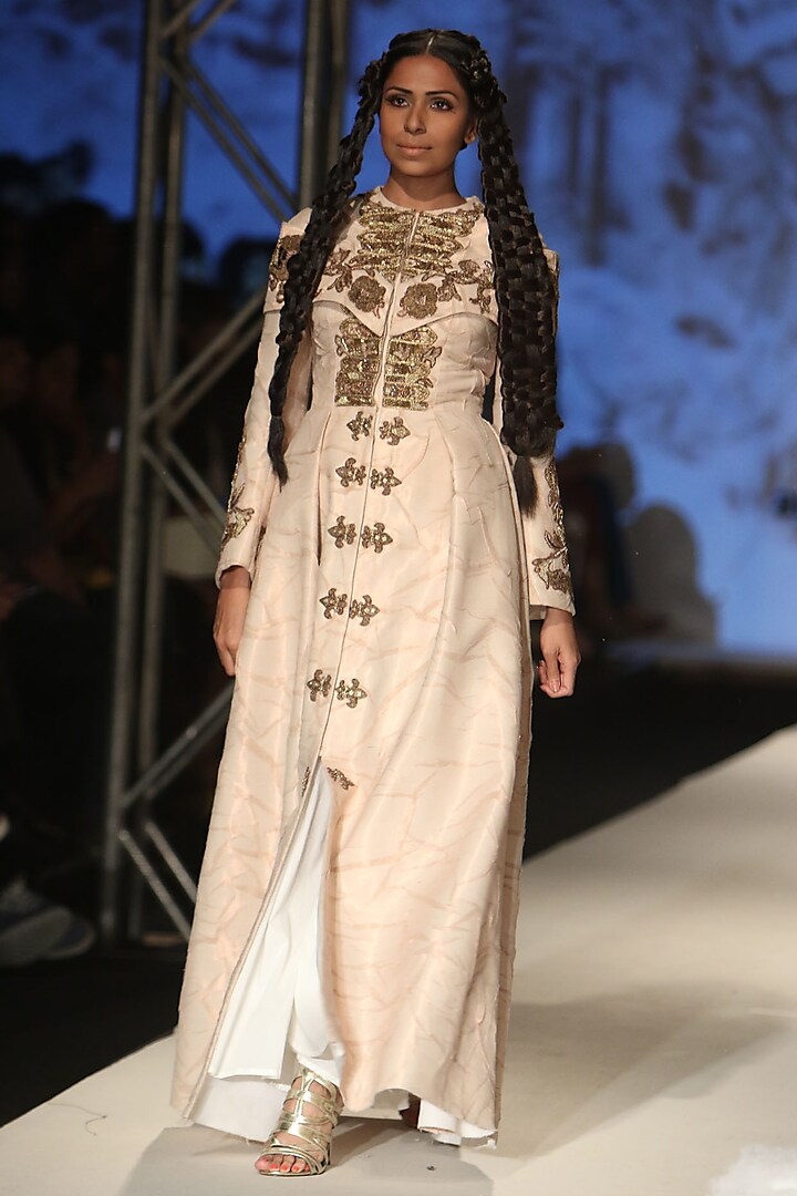 Light Gold Zari and Dori Work Panelled Gown by Samant Chauhan